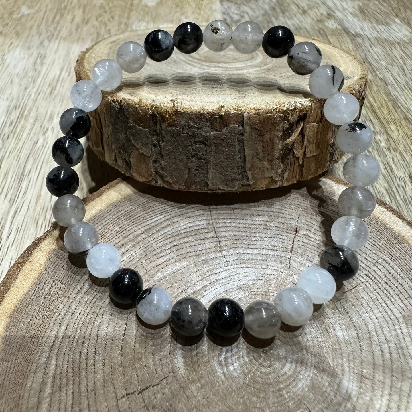 Bracelet Cristal de roche inclusion Tourmaline noire 6mm (Qualité A)