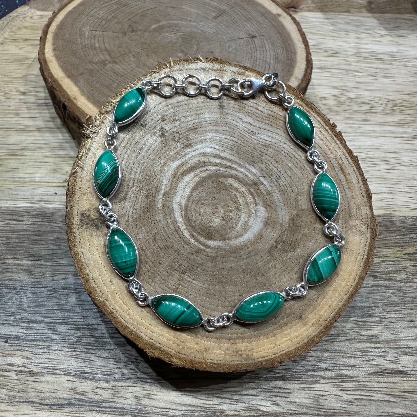 Bracelet argent 925 réglable Malachite (Modèle 2)