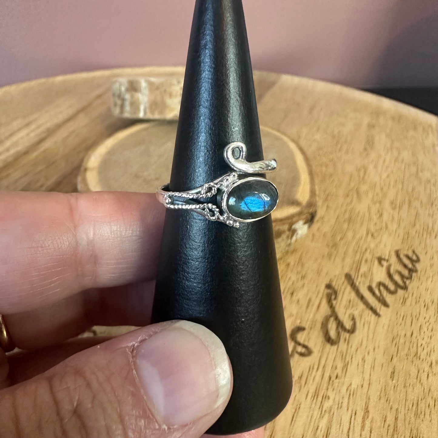 Bague argent 925 réglable Labradorite (Modèle corde céleste)