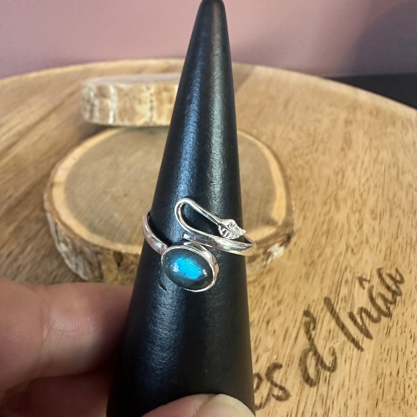 Bague argent 925 réglable Labradorite (Modèle plume d'argent)