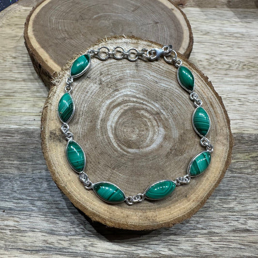 Bracelet argent 925 réglable Malachite (Modèle 2)